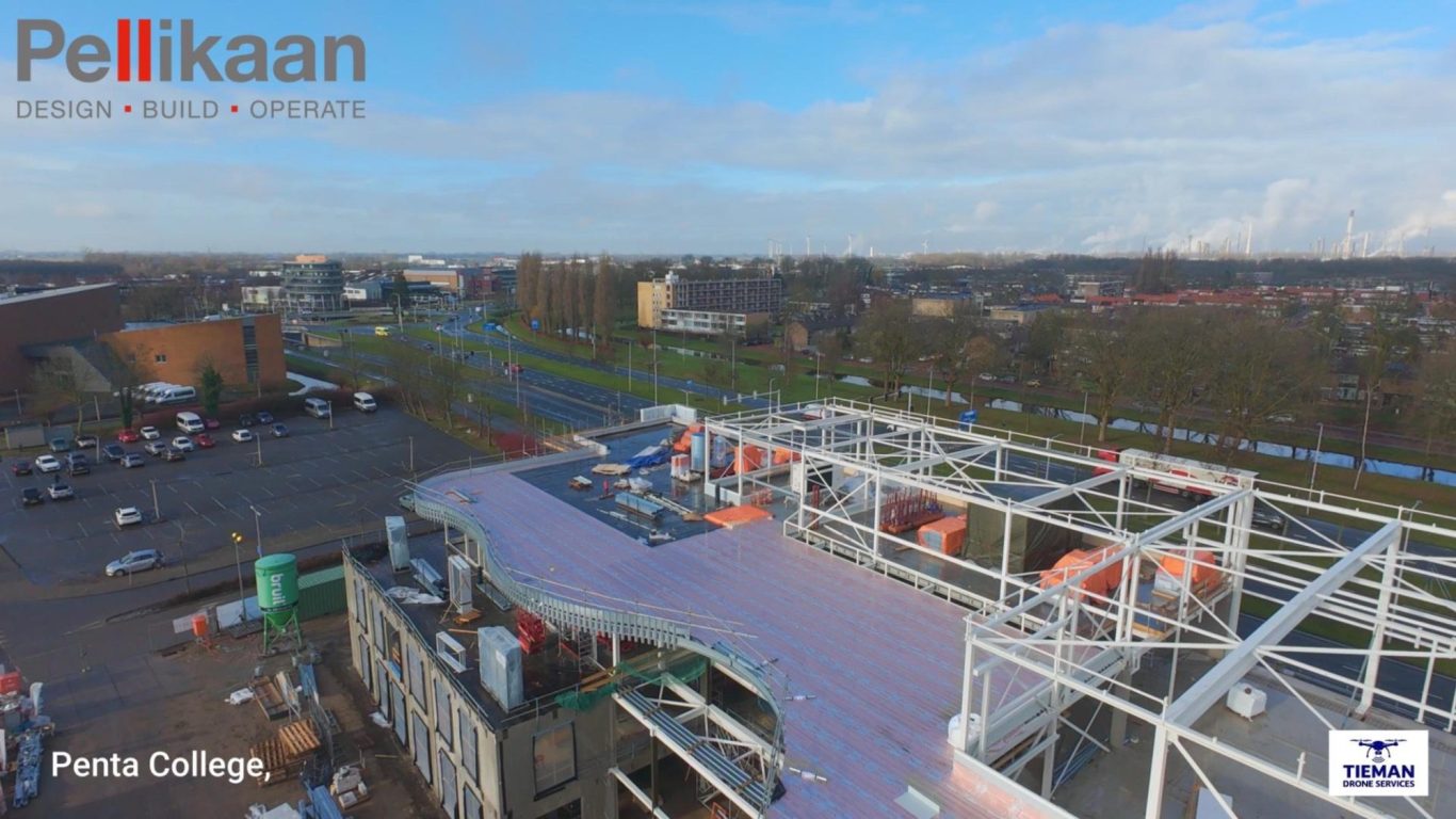 Bouwproject Penta college Spijkenisse Luchtfoto van het Pellikaan bouw met een moderne architectuur in een stedelijke omgeving.school
